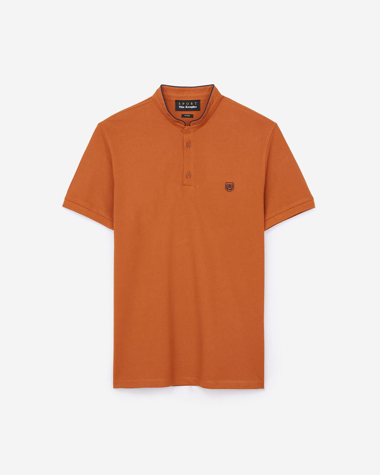The Kooples MEN OCRE / NIGHT BLUE ochre cotton polo shirt with officer collar and midnight blue details