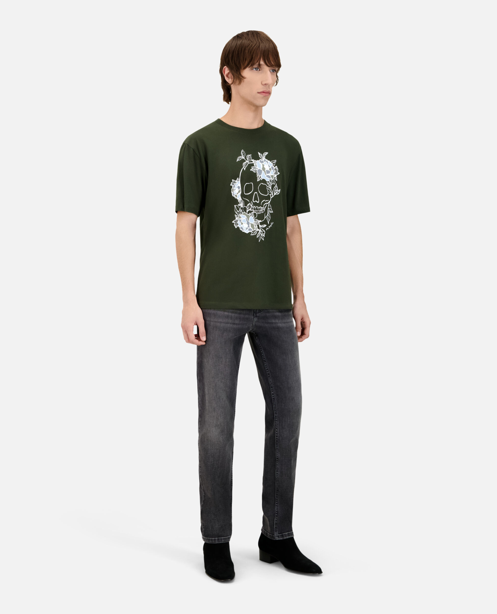 T-shirt Homme kaki avec sérigraphie Flower skull, DARK GREEN, hi-res image number null