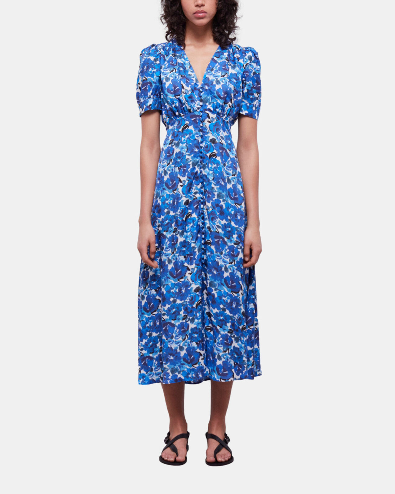 The Kooples DAMEN BLUE WHITE langes kleid mit print und knopfverschluss