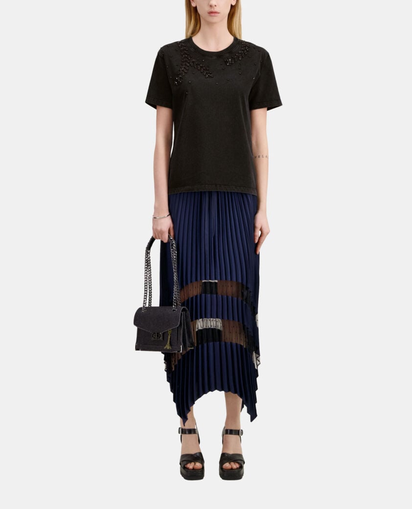 The Kooples F BLACK WASHED black t-shirt with bijou embroidery