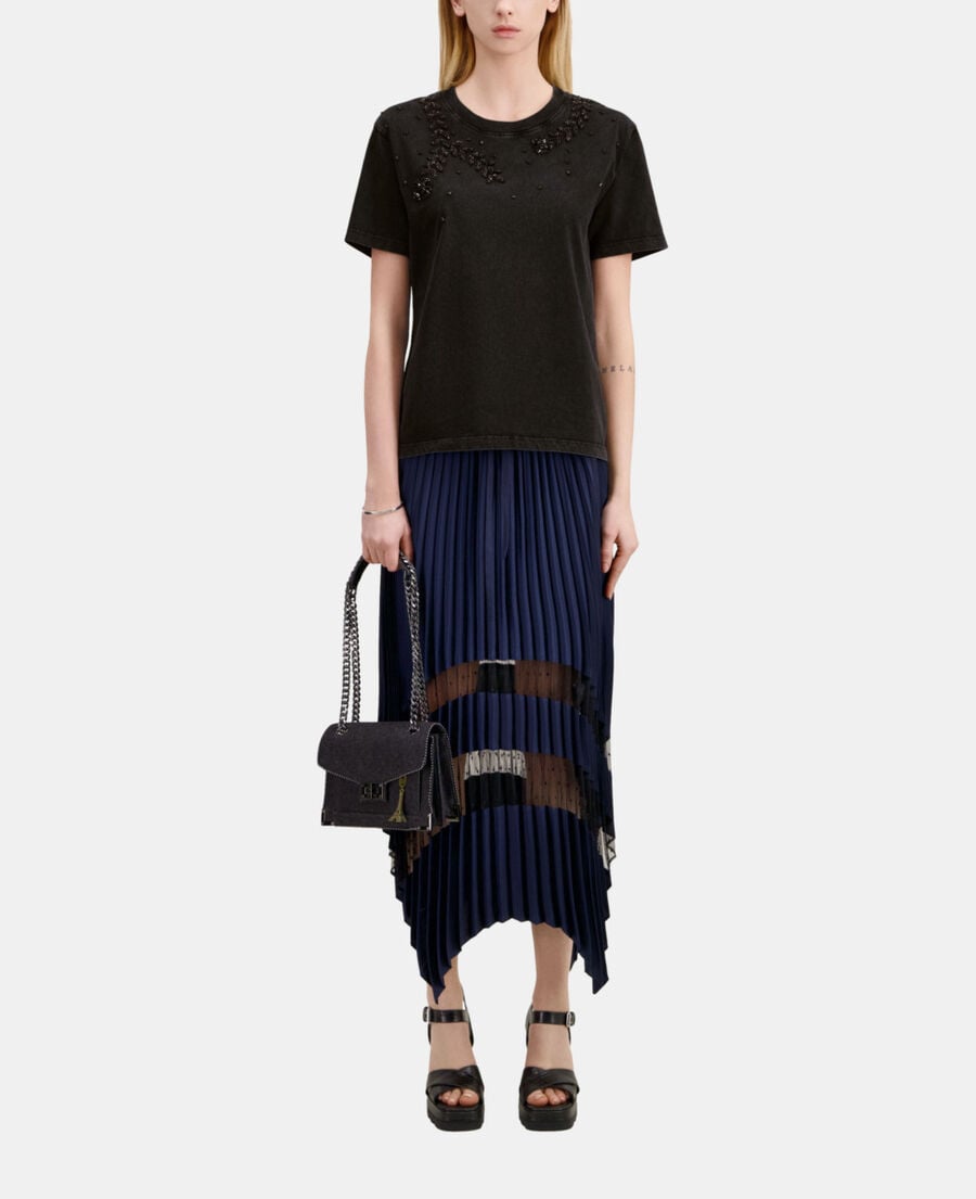 The Kooples F BLACK WASHED black t-shirt with bijou embroidery