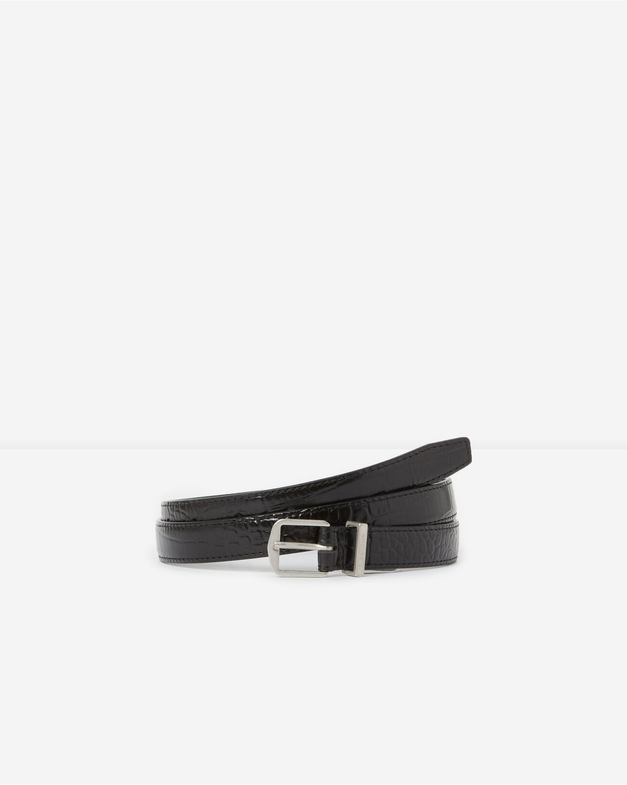 The Kooples MEN BLACK croc-print black leather belt w/square buckle