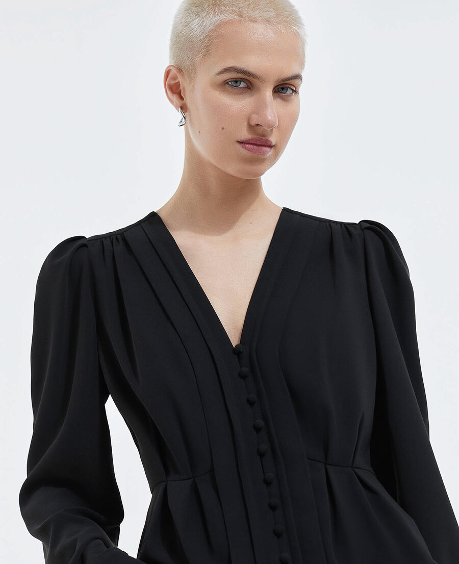 black crepe top with v-neck - covered buttons