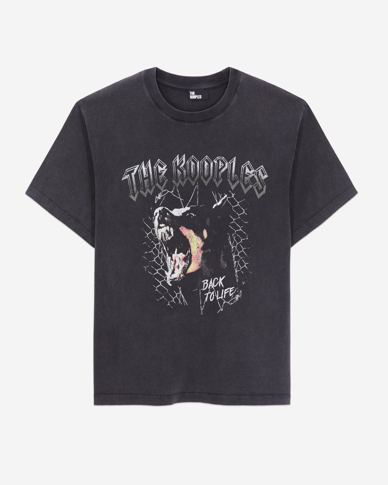 The Kooples DAMEN BLACK WASHED schwarzes t-shirt damen mit barking-dog-siebdruck