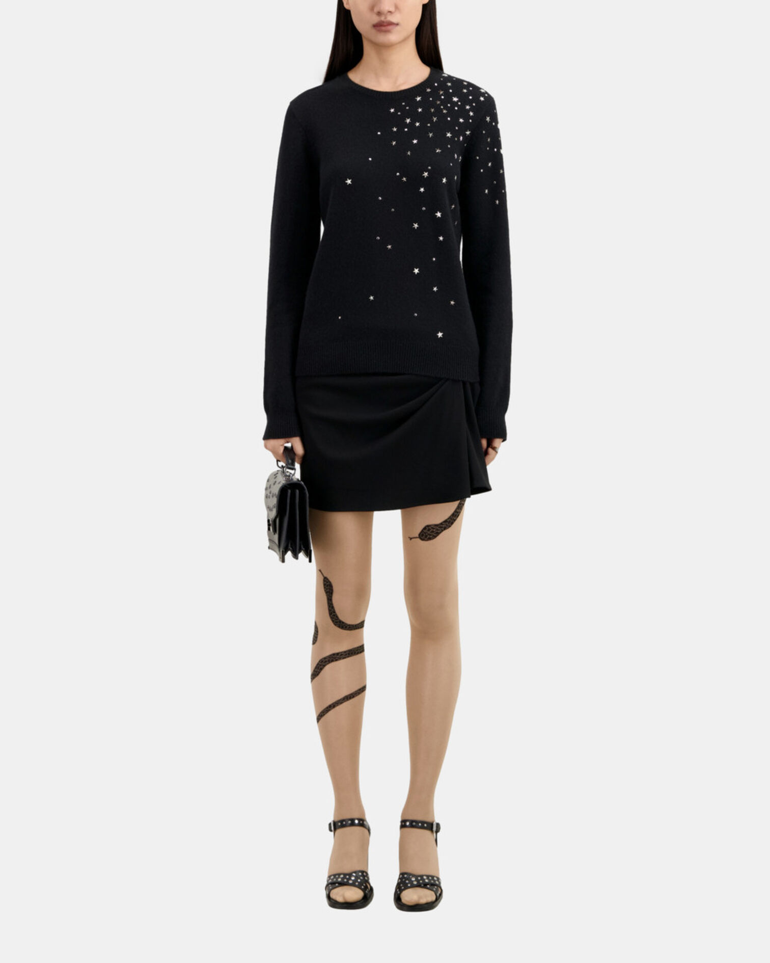 Pull noir en mélange de cachemire avec étoiles, BLACK, hi-res image number null