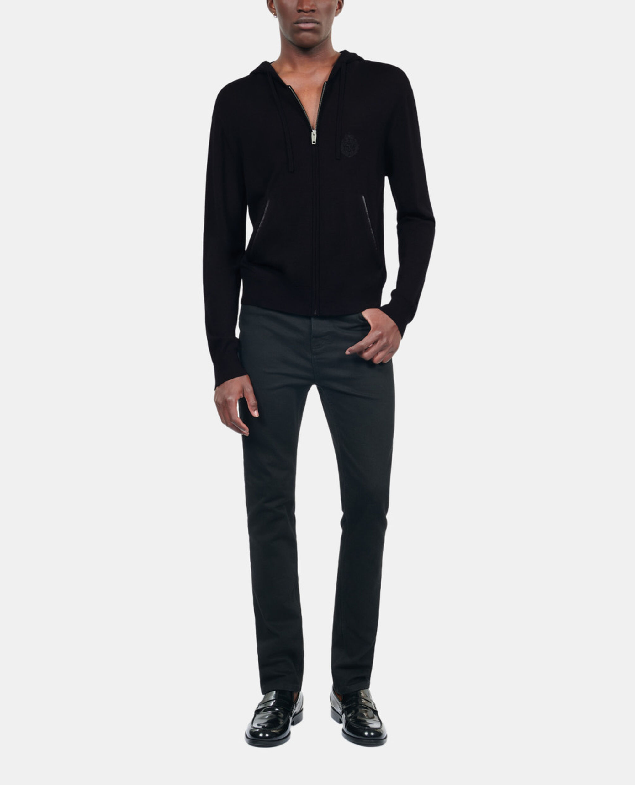 Black wool hooded cardigan, BLACK, hi-res image number null