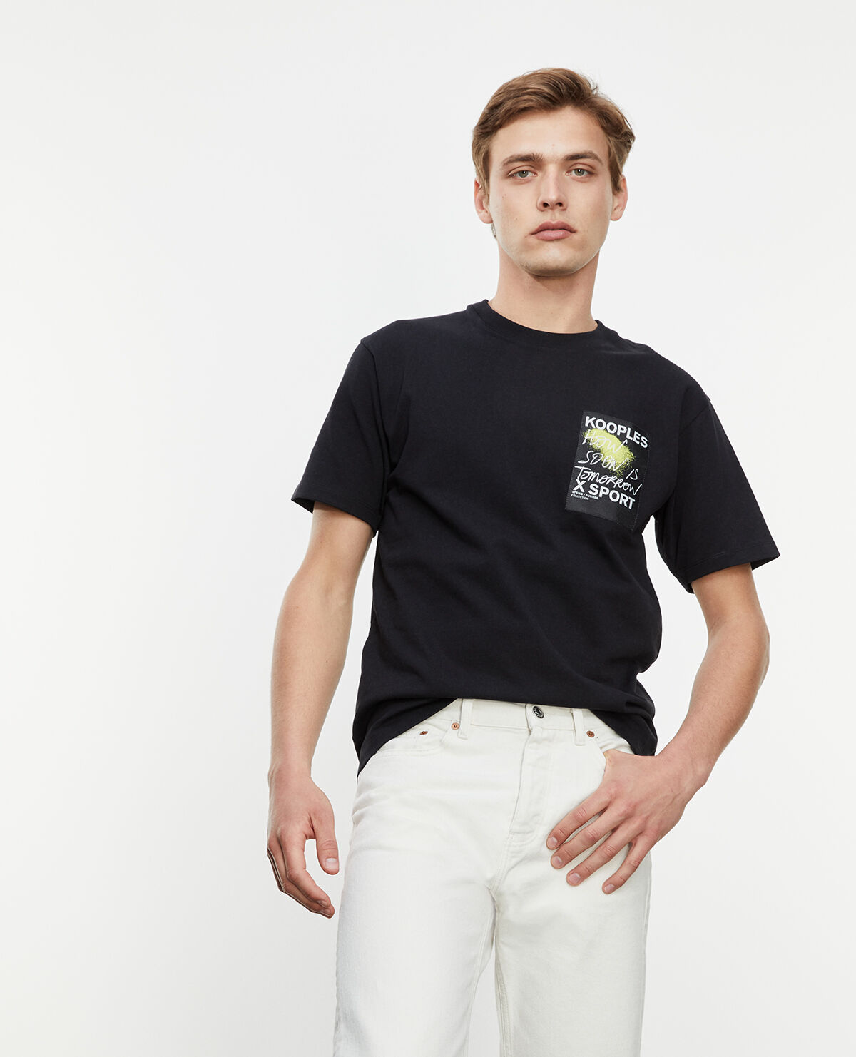 Black T shirt with yellow logo patch The Kooples
