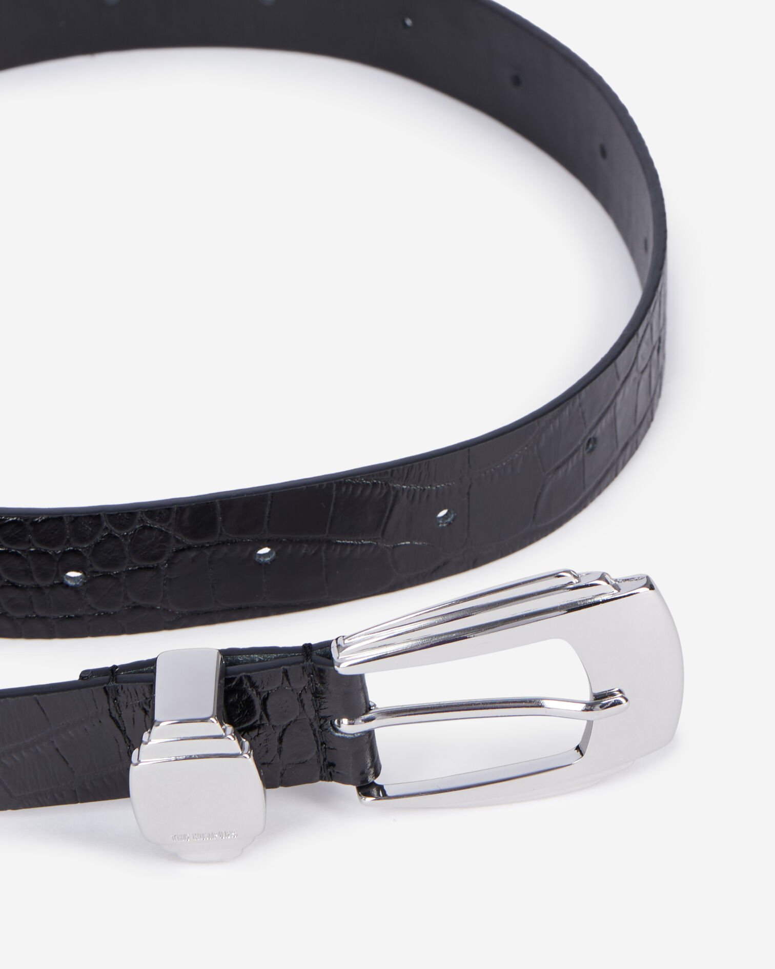 Black crocodile-effect leather belt, BLACK, hi-res image number null
