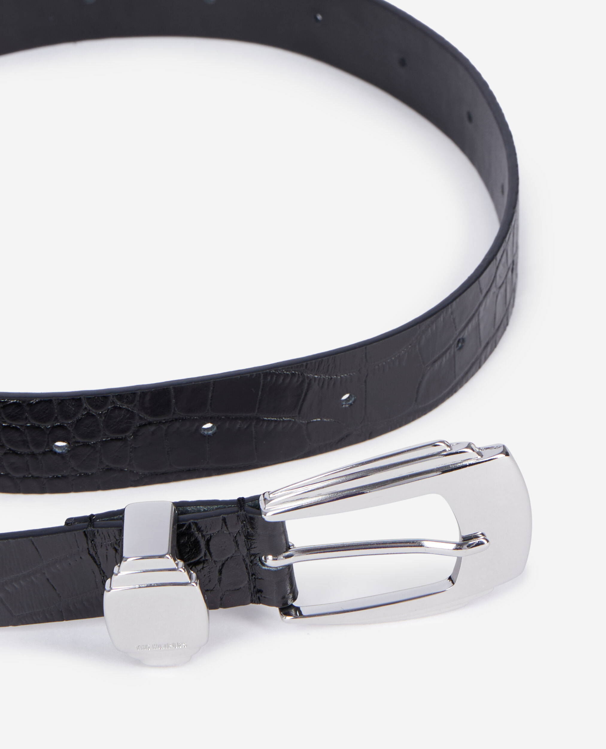Black crocodile-effect leather belt, BLACK, hi-res image number null