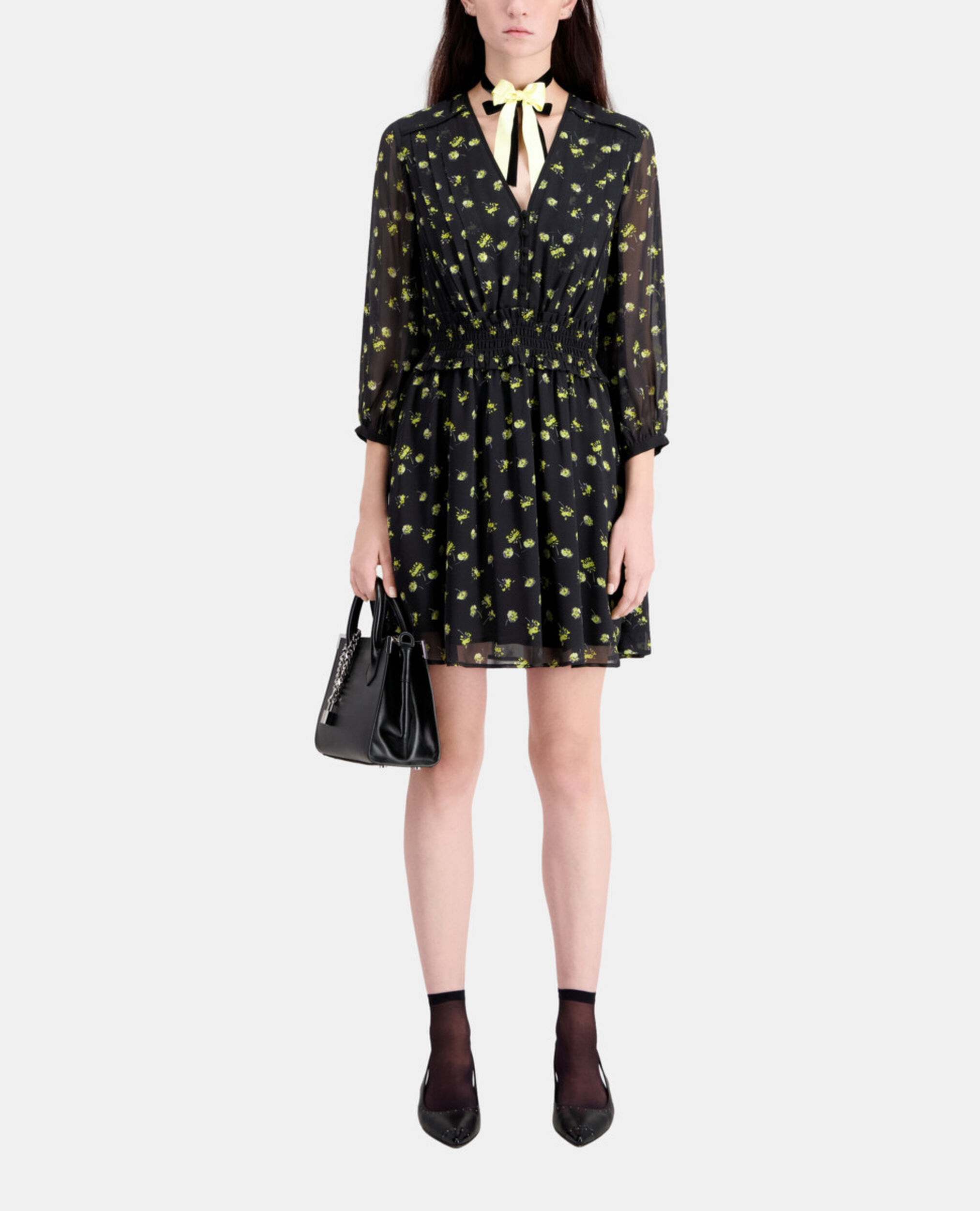 Short printed dress with buttoning, BLACK / YELLOW, hi-res image number null