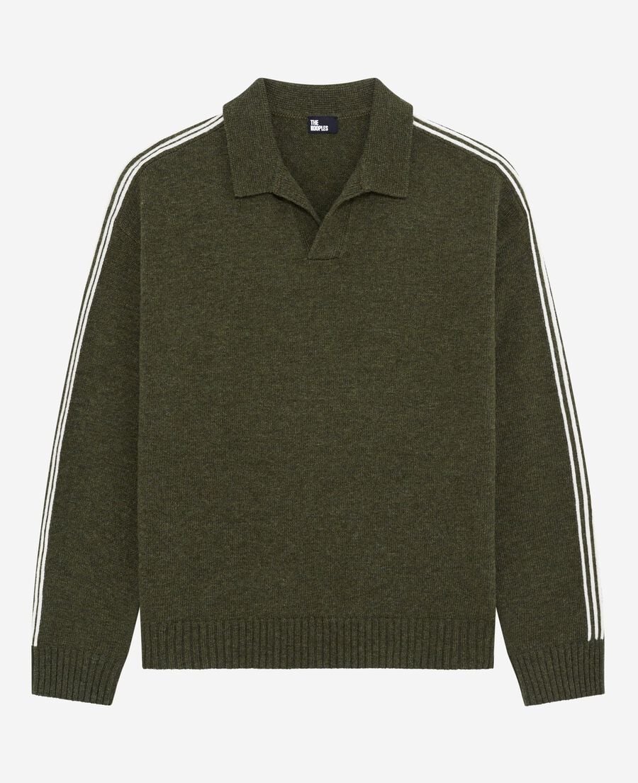 The Kooples MEN GREEN polo neck wool sweater with contrasting khaki stripes