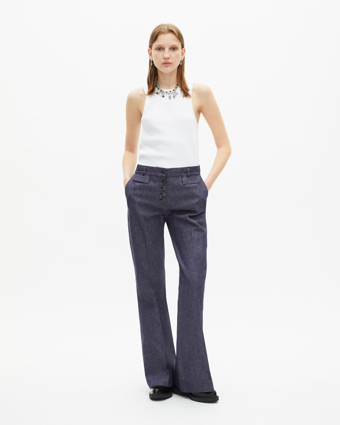 PANTALON FLARE EN COTON ET LIN BLEU
