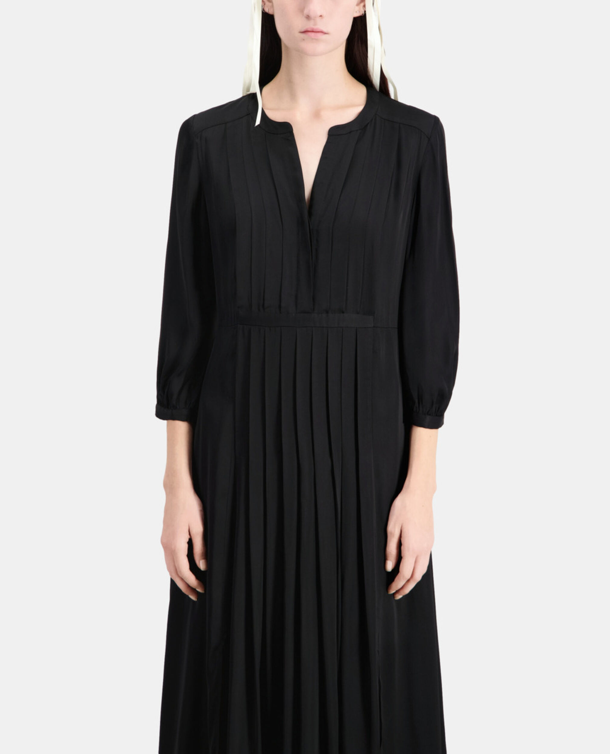 Robe longue noire avec plissage, BLACK, hi-res image number null