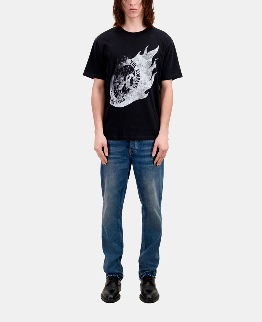 men's black t-shirt with flaming wheel serigraphy