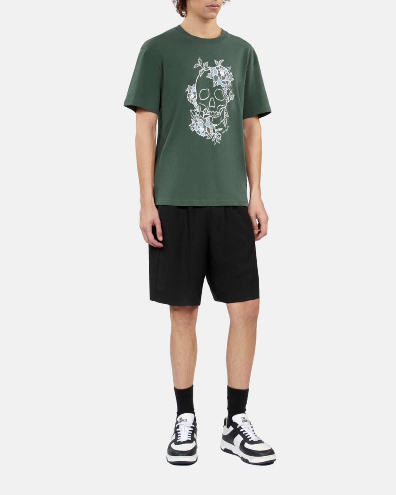 The Kooples MEN FOREST men's green t-shirt with flower skull serigraphy