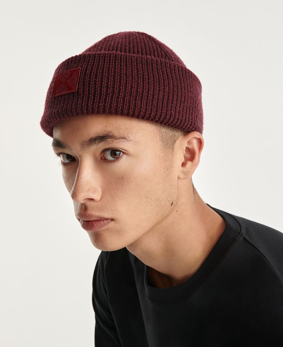 burgundy wool beanie with embroidered k patch