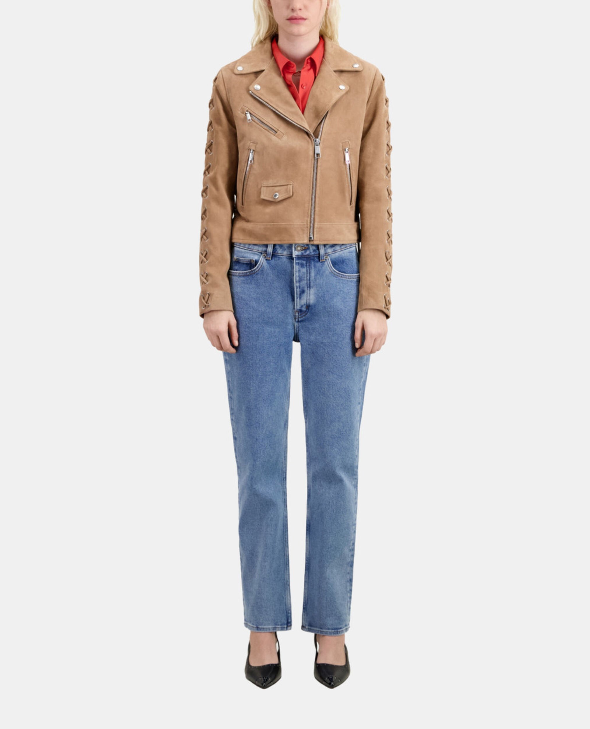 Beige Bikerjacke aus Veloursleder, BEIGE, hi-res image number null