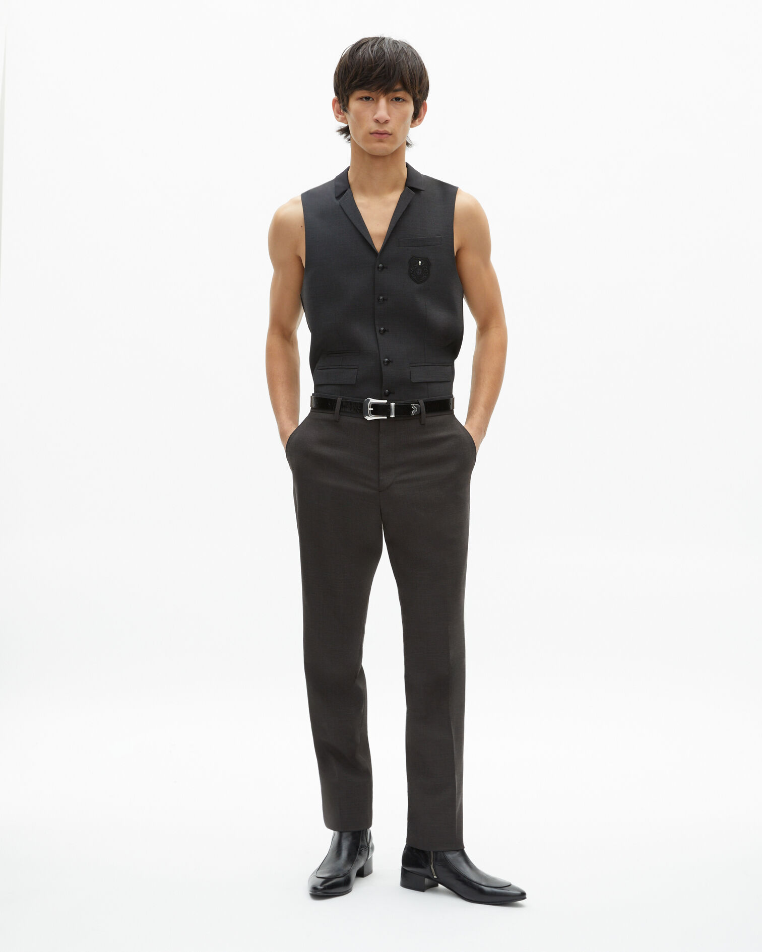 Black micro check wool blend suit pants, BLACK GREY, hi-res image number null