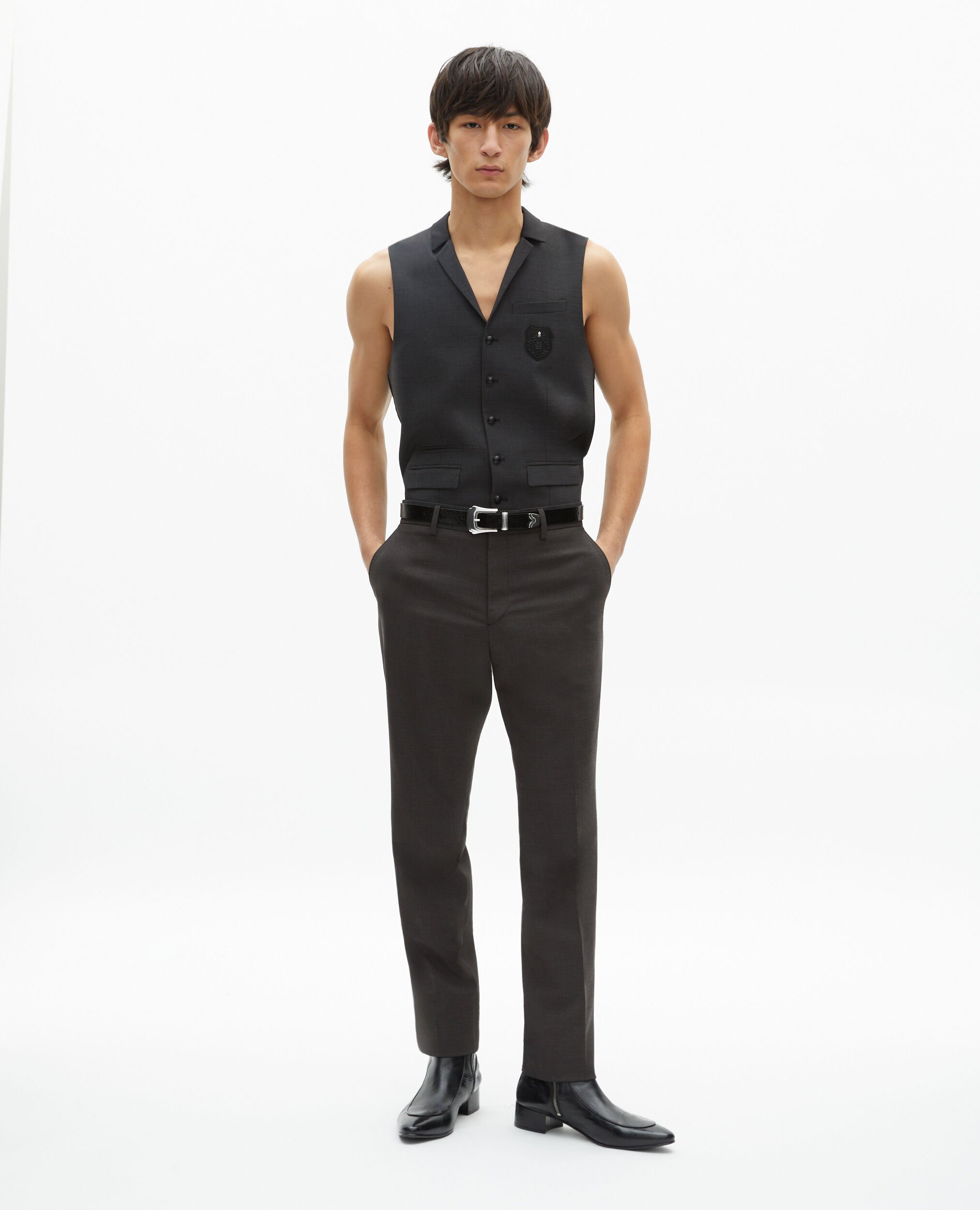 Pantalon de costume en laine mélangée micro carreaux noir, BLACK GREY, hi-res image number null