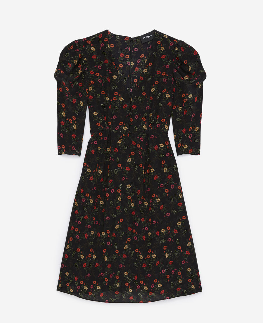 short printed dress with gathered shoulders