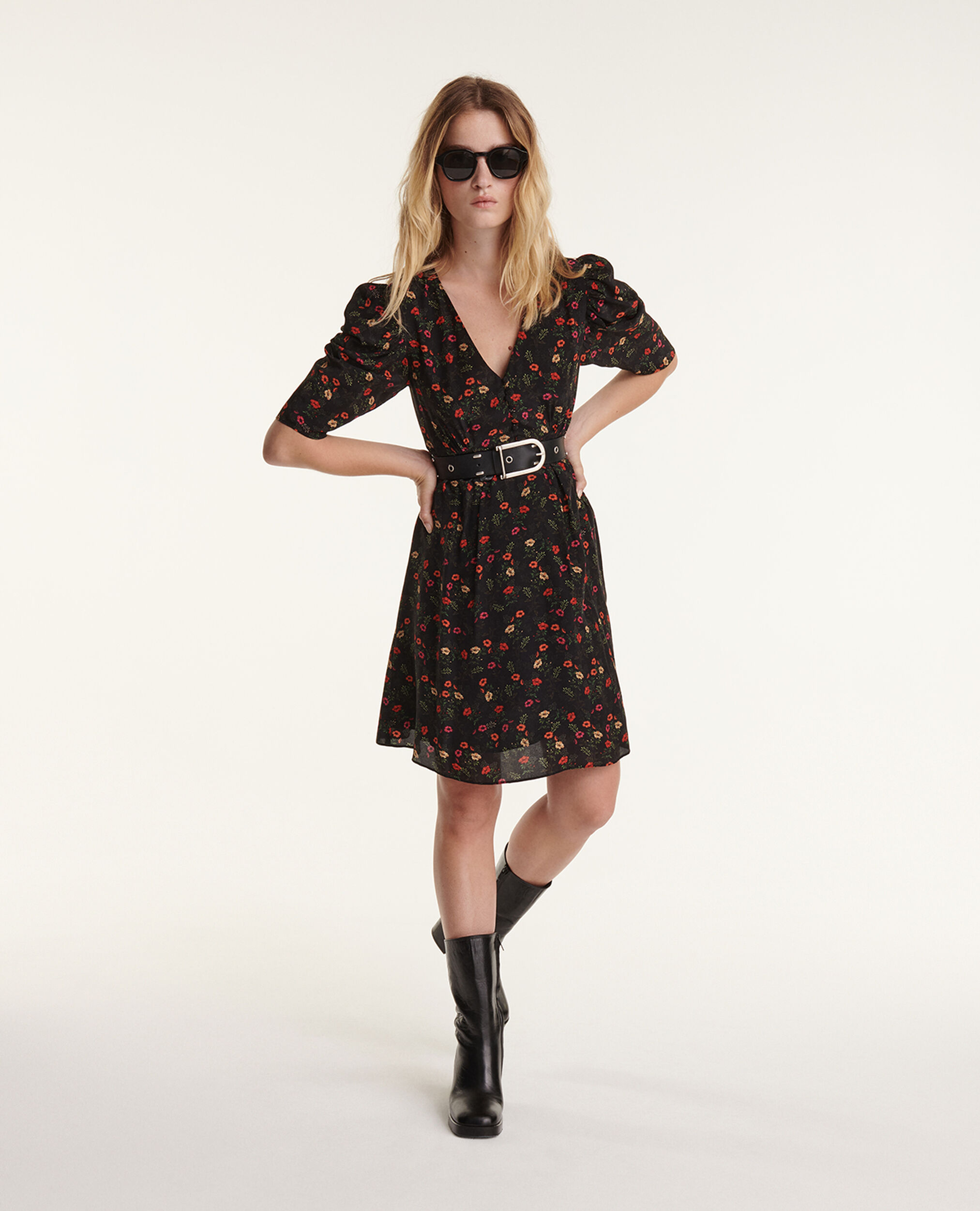 Short printed dress with gathered shoulders, MULTICOLOR, hi-res image number null