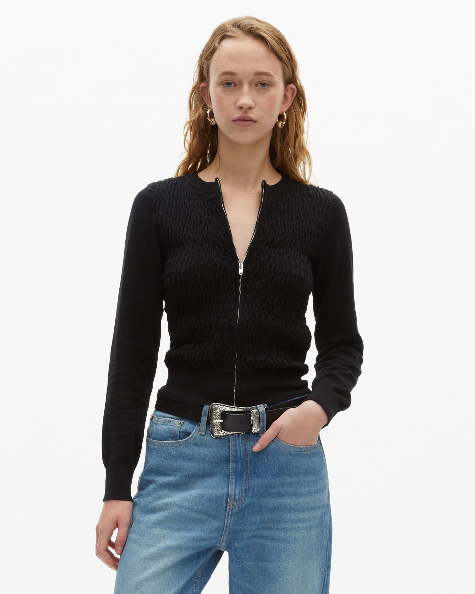 Black zipped cotton cardigan, BLACK, hi-res image number null