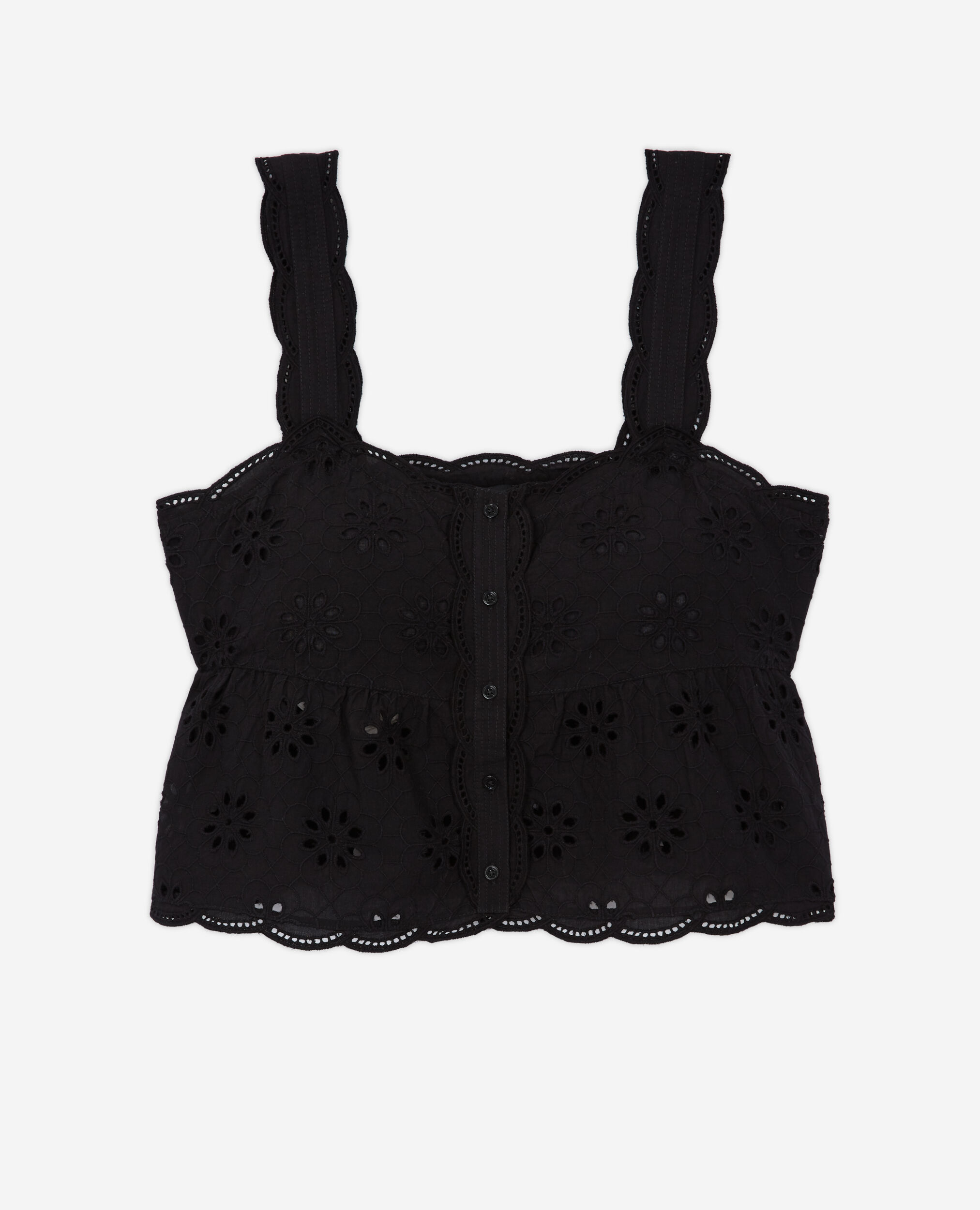 Short black top with Broderie Anglaise, BLACK, hi-res image number null