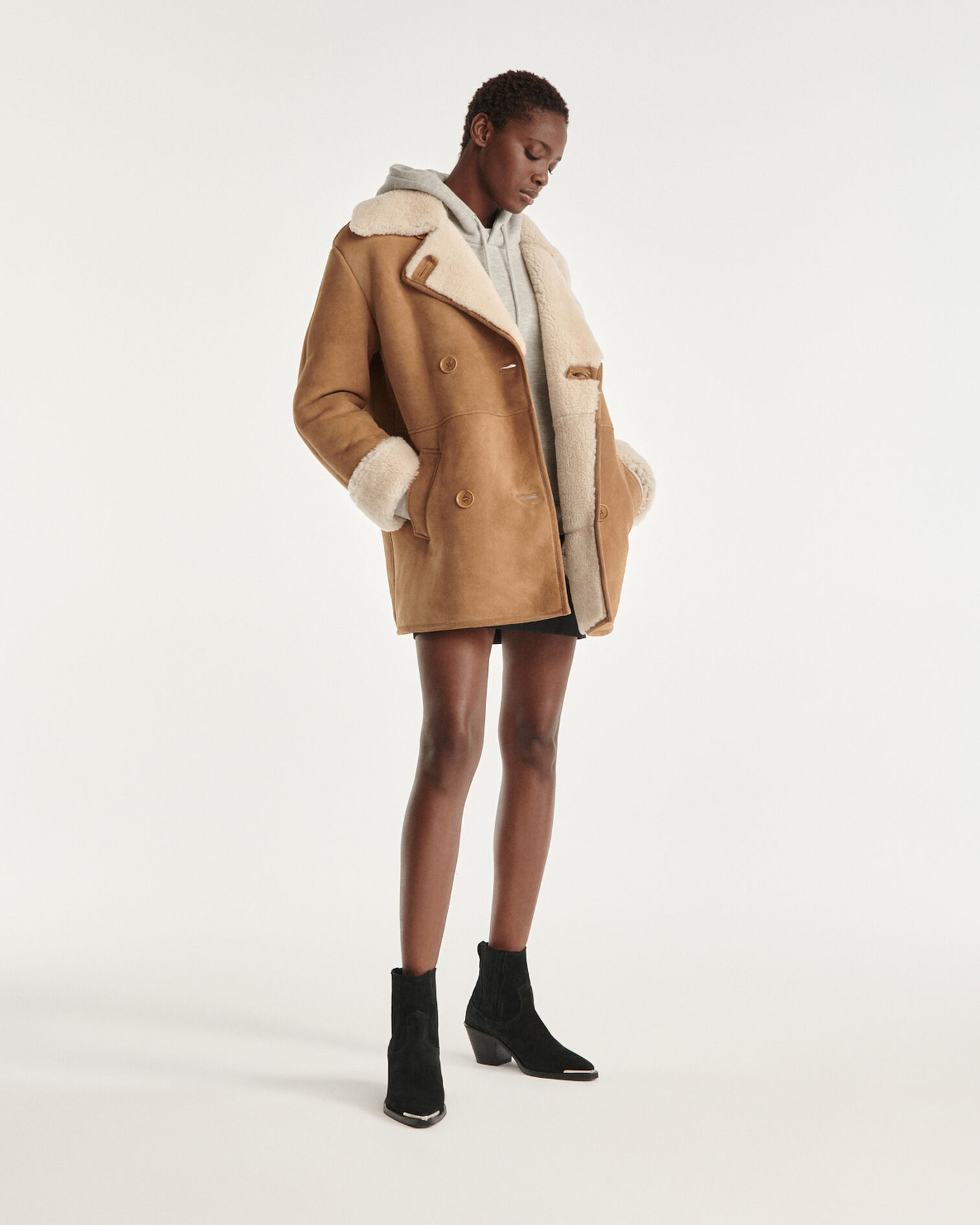 Beige button-up sheepskin jacket, BEIGE, hi-res image number null