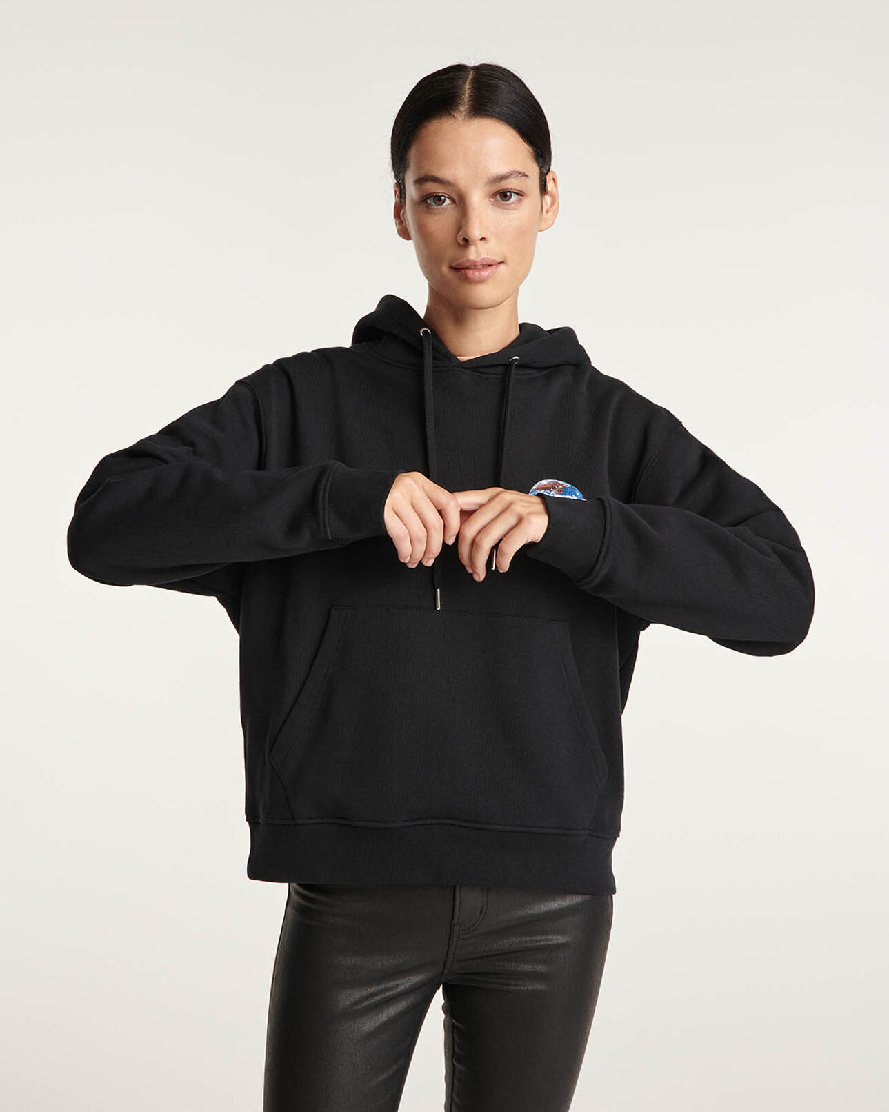 The Kooples WOMEN BLACK black hooded sweatshirt with planet logo
