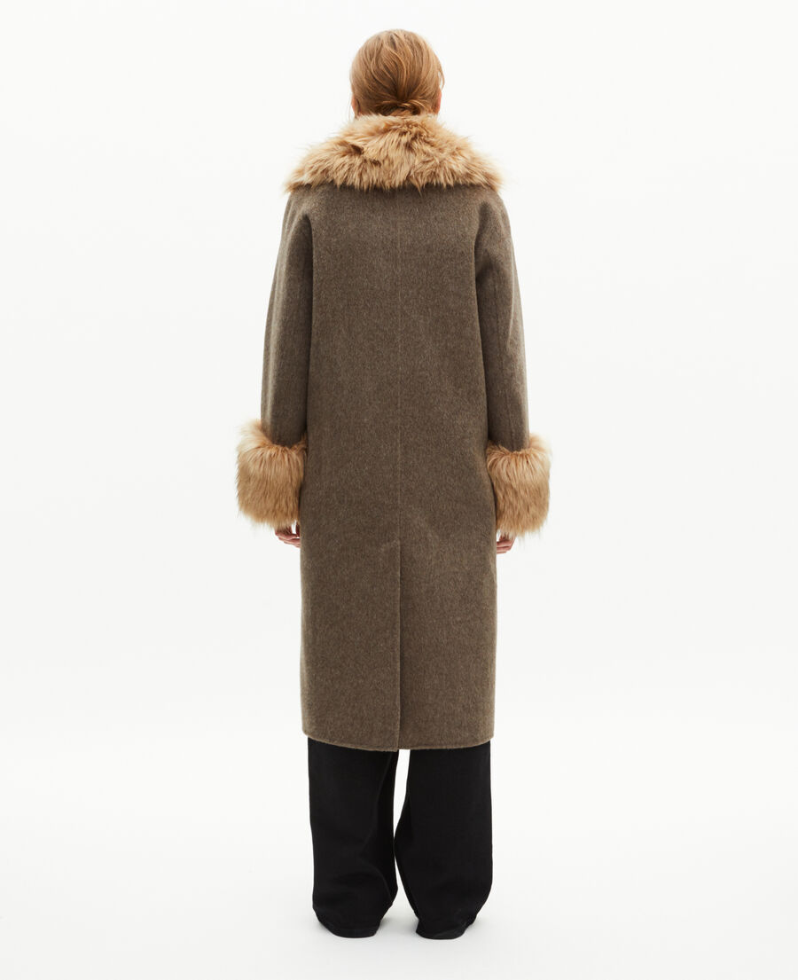 The Kooples WOMEN HAZELNUT long coat in double-faced wool and brown fur