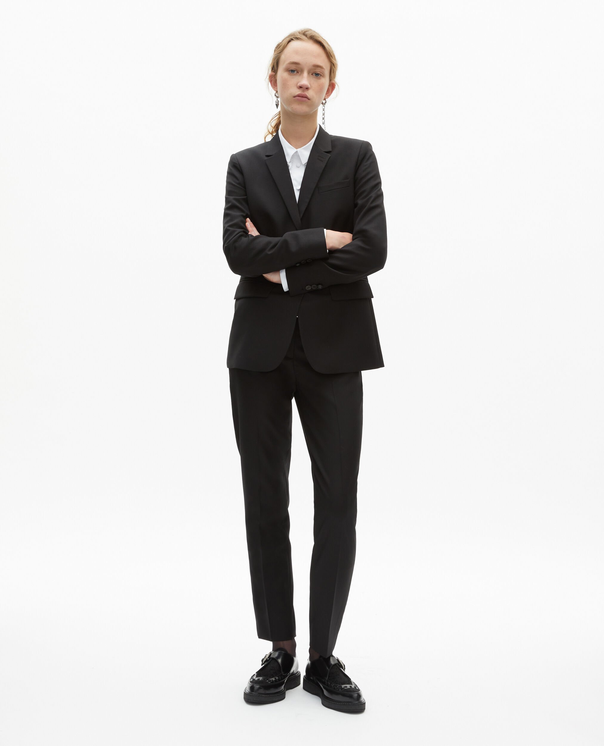 Veste tailleur en laine coupe cintrée noire, BLACK, hi-res image number null