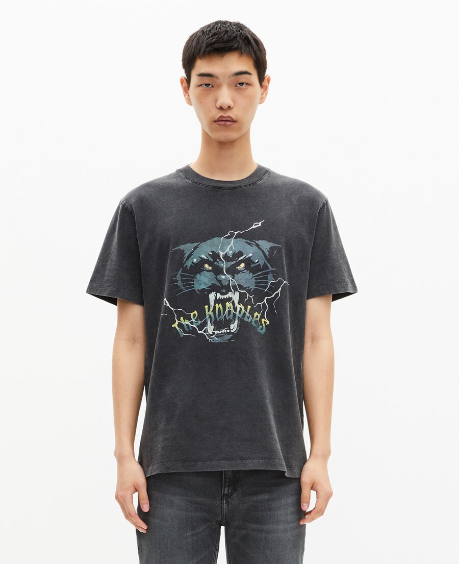 The Kooples MEN BLACK WASHED t-shirt with black panther screen print