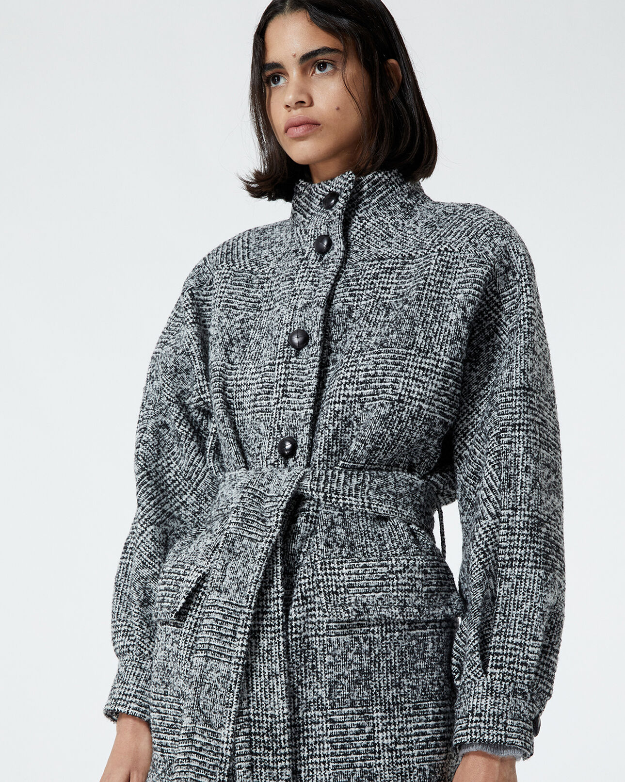 The Kooples WOMEN BLACK-ECRU black wool coat with high neck