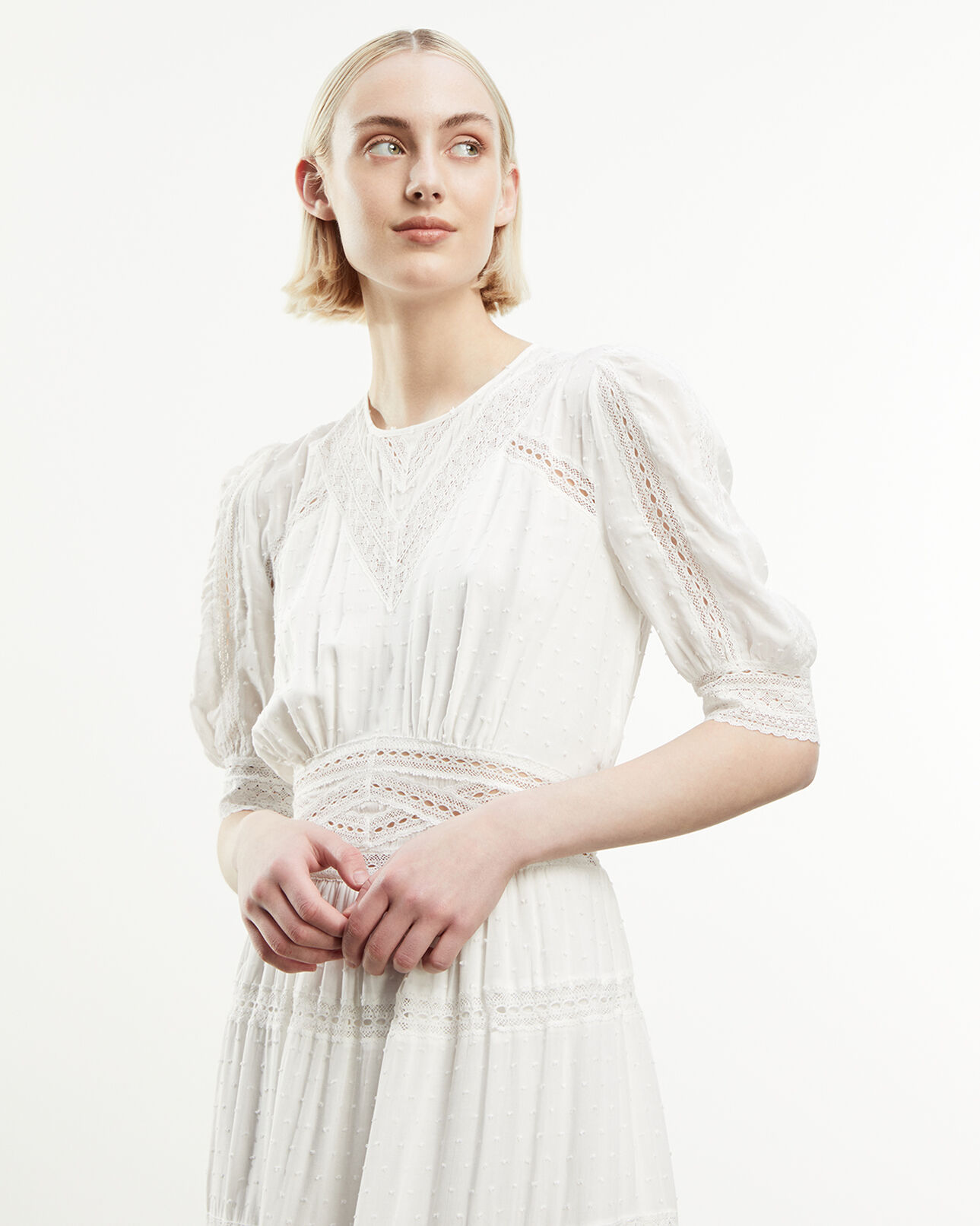 The Kooples MUJER ECRU vestido largo blanco crudo bandas encaje