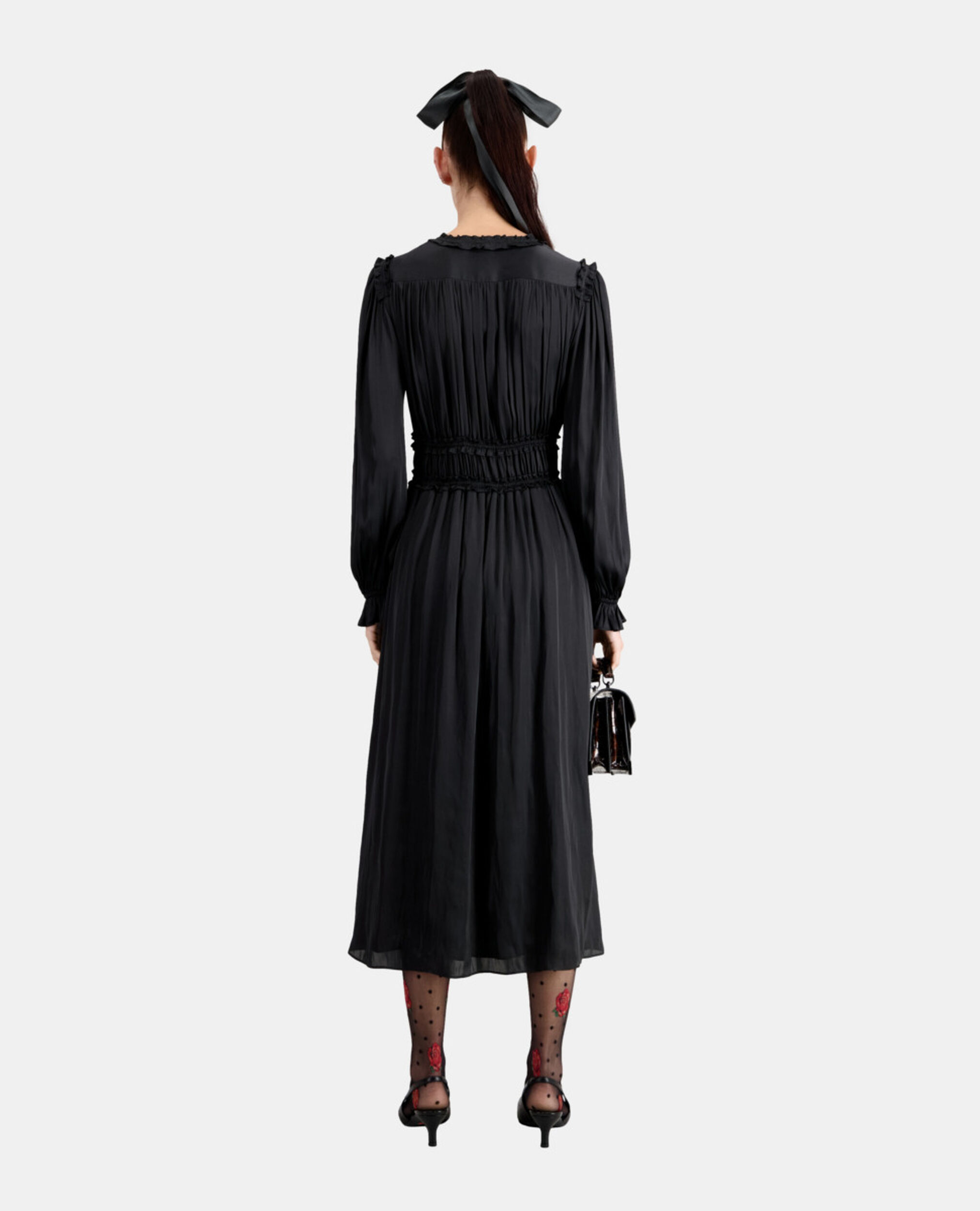 Long black dress with shirring, BLACK, hi-res image number null