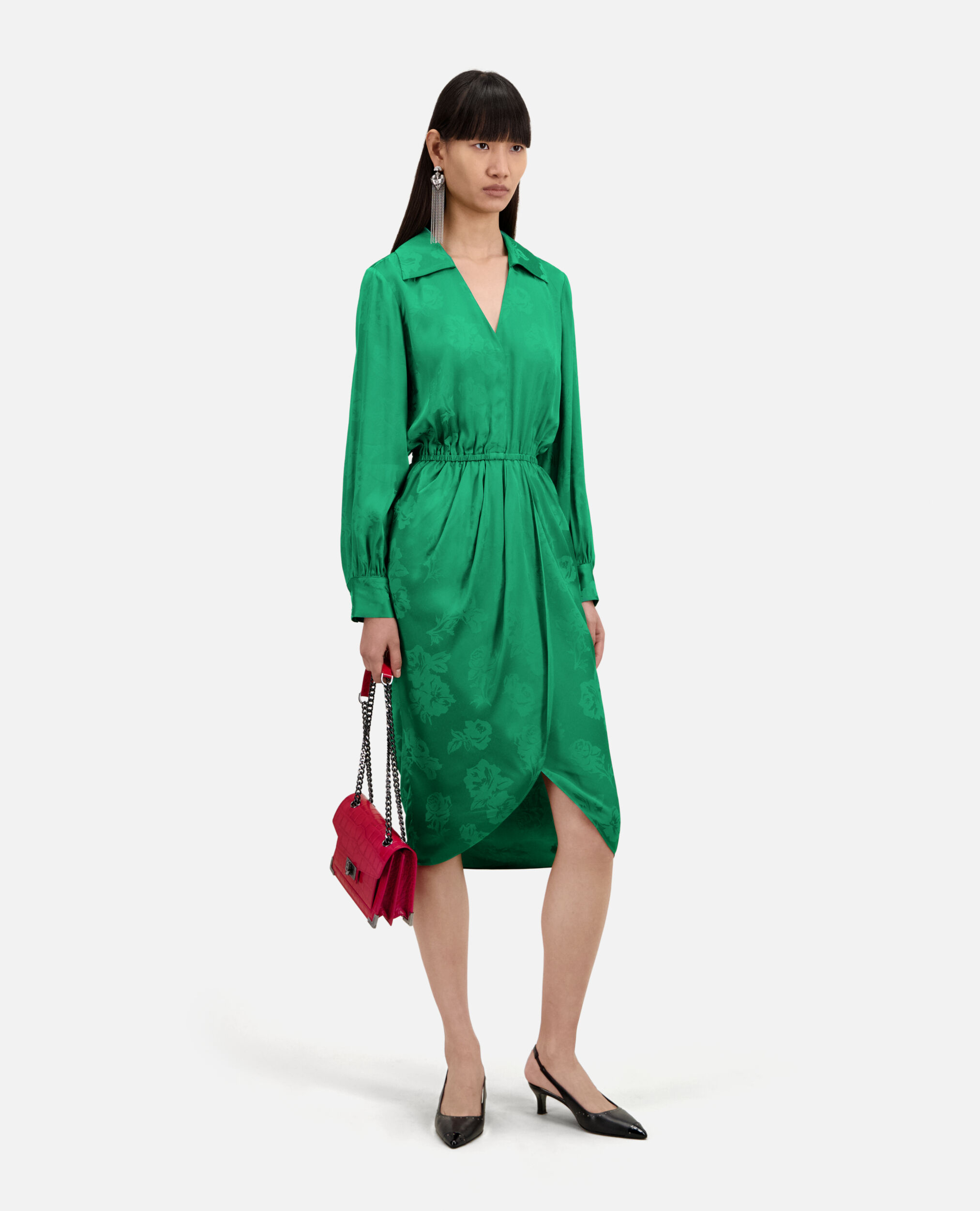 Mid-length green dress with flowers, GREEN, hi-res image number null