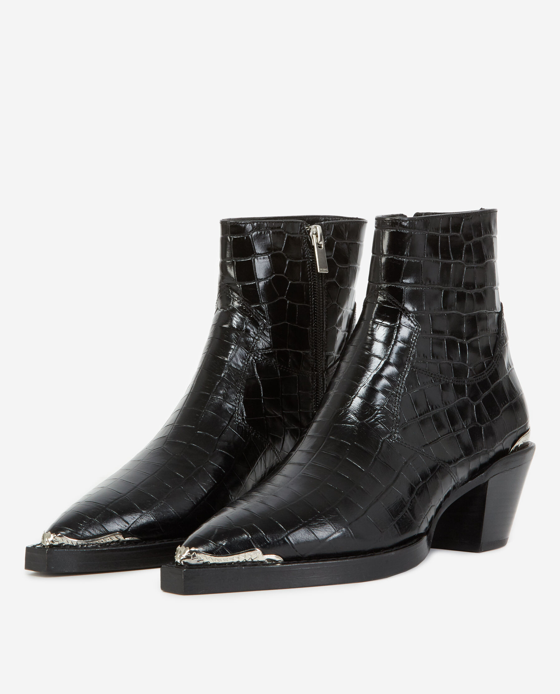 Black crocodile print leather ankle boots The Kooples