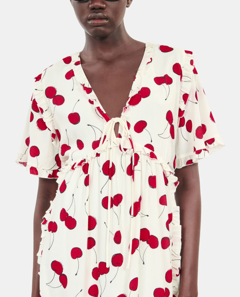 The Kooples MUJER ECRU RED vestido corto con estampado de cerezas