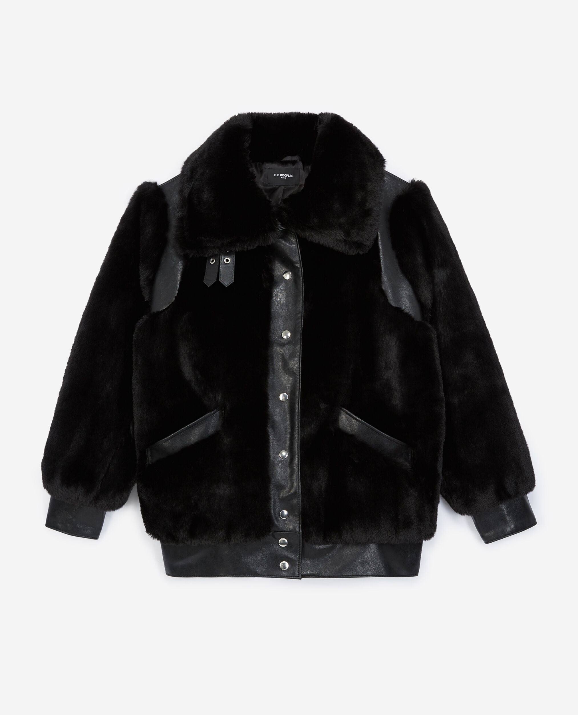 Manteau fausse fourrure noir détail cuir, BLACK, hi-res image number null