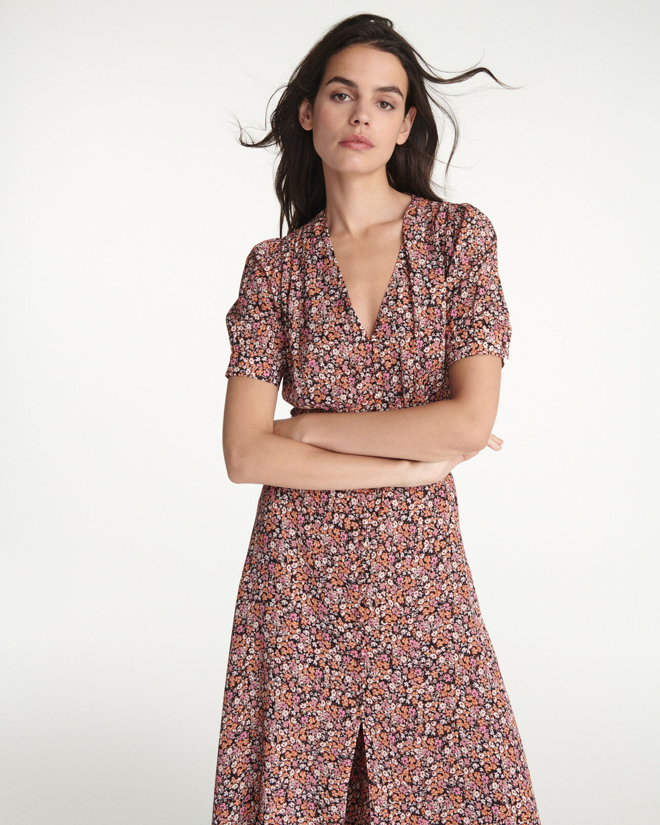 The Kooples DAMEN PINK langes kleid bedruckt bezogene knöpfe