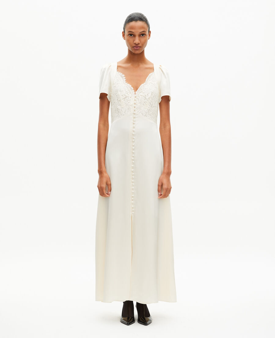 The Kooples DAMEN LIGHT BEIGE langes seidenkleid mit spitze ecru