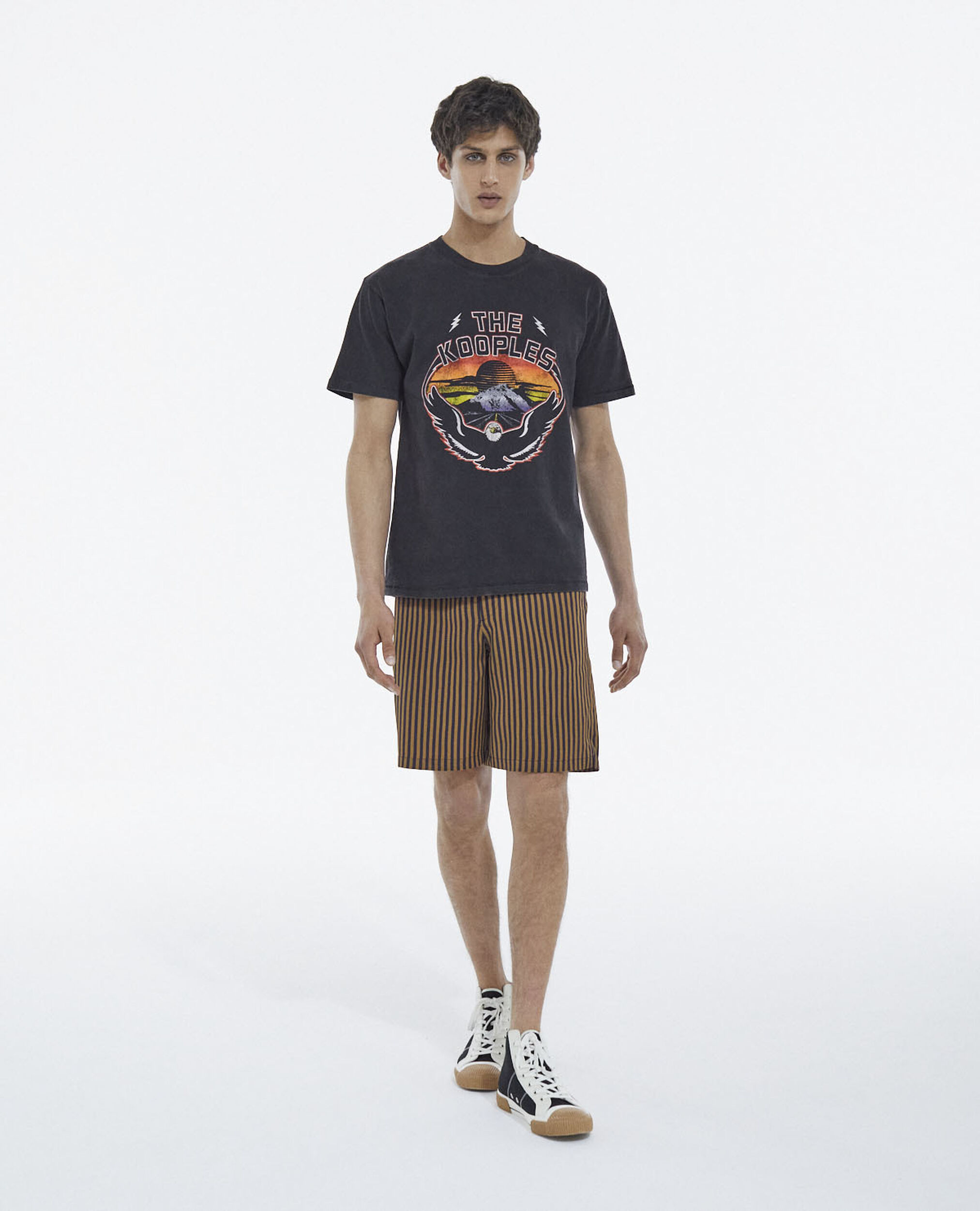 Schwarzes Baumwoll-T-Shirt mit Adler-Print, BLACK WASHED, hi-res image number null
