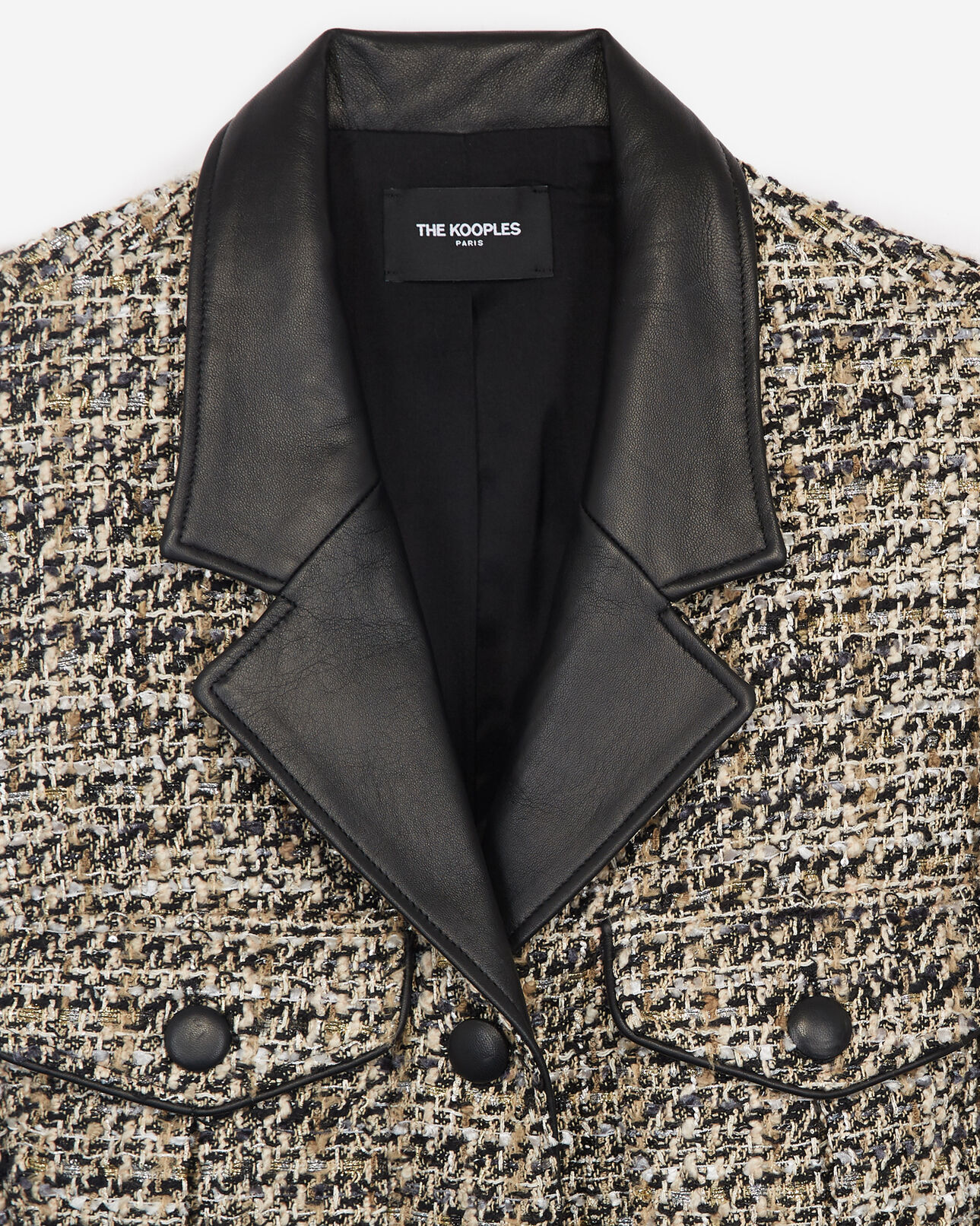 The Kooples F GREY BLACK  fitted grey tweed jacket with leather details