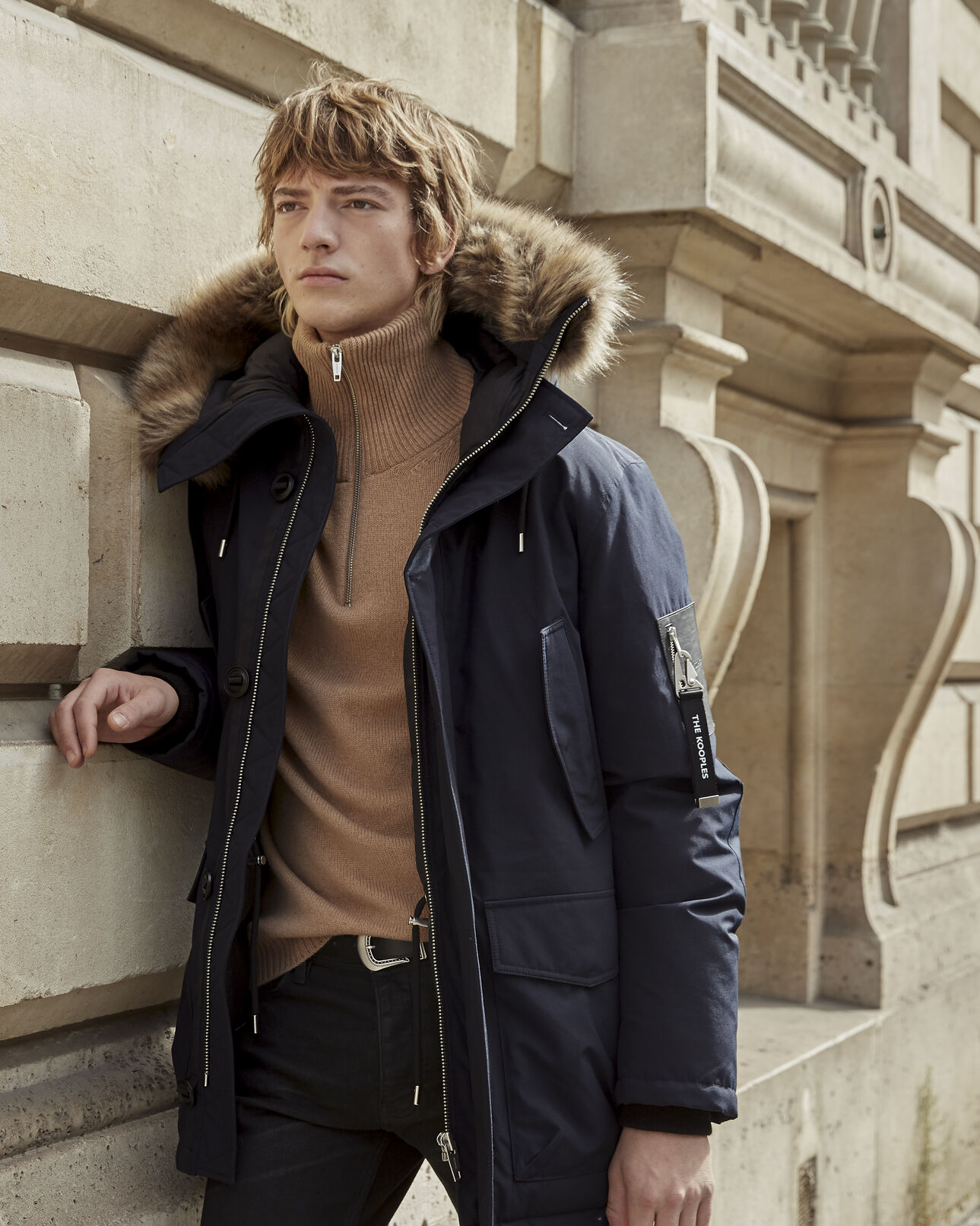 The Kooples MEN NAVY blue parka with faux fur hood