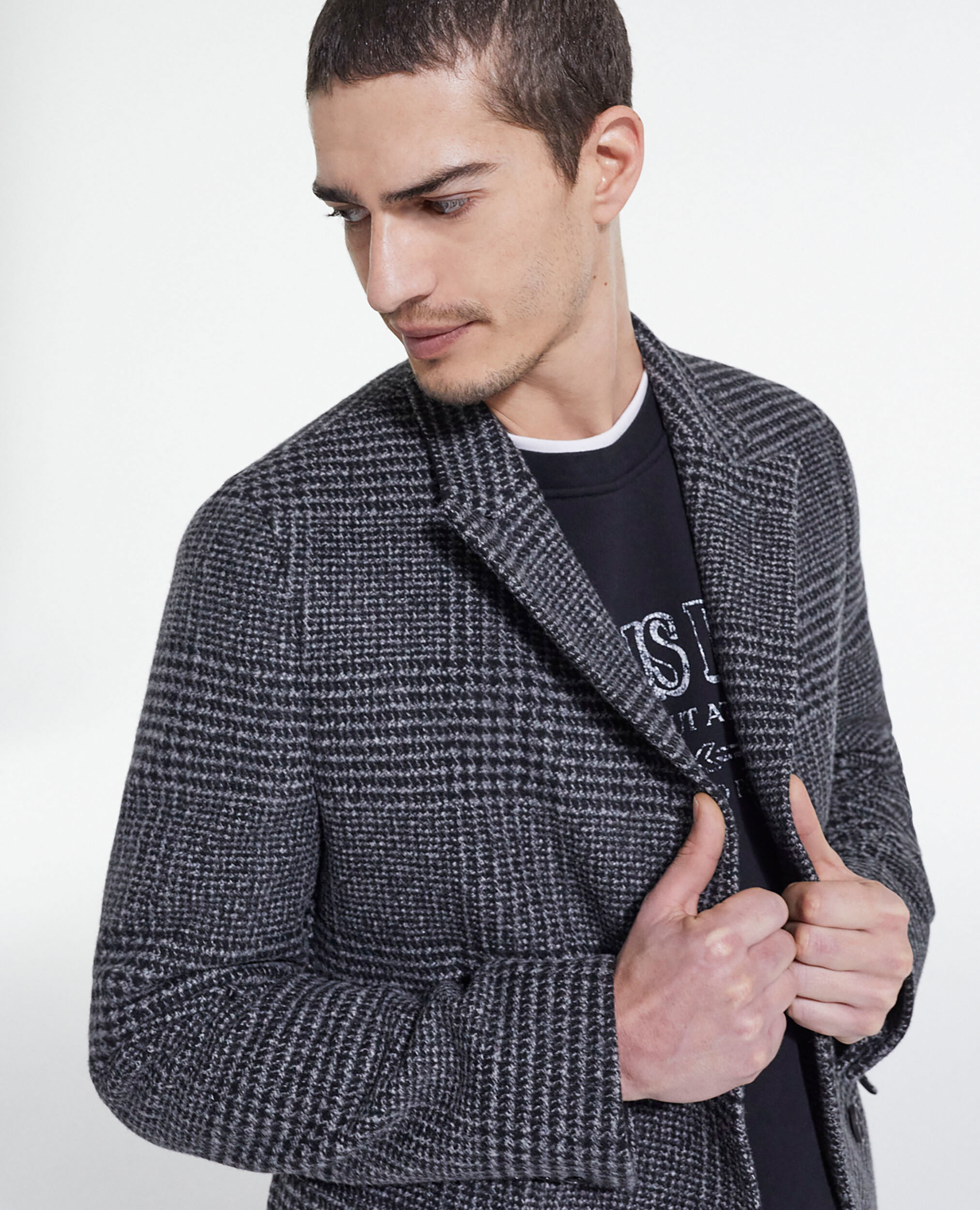 Long wool coat with check motif, DARK GREY, hi-res image number null