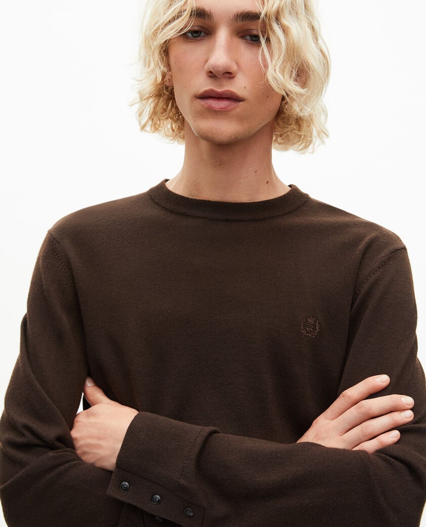 The Kooples HOMME DARK BROWN pull col rond en laine mérinos marron