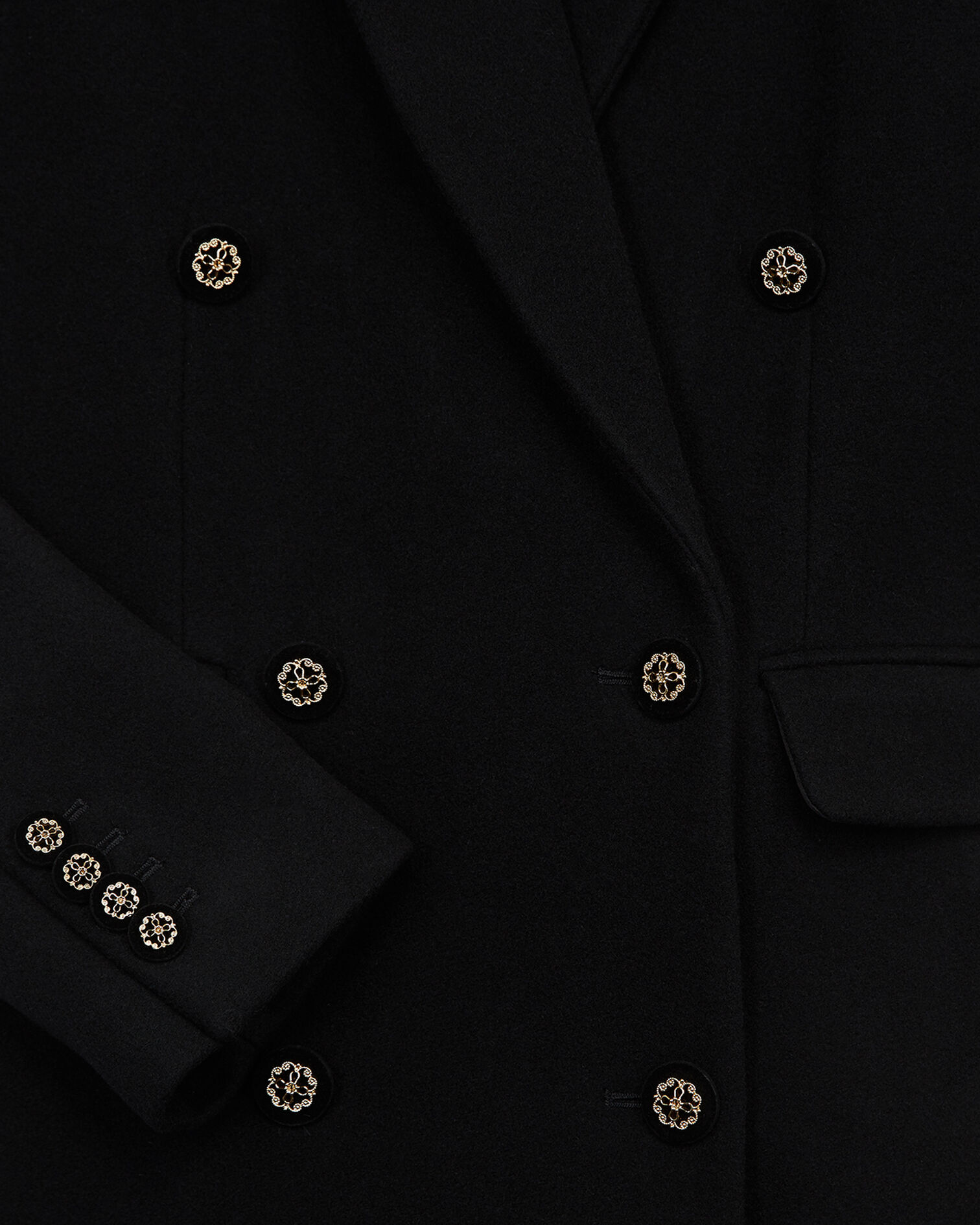Double-breasted long black wool coat, BLACK, hi-res image number null