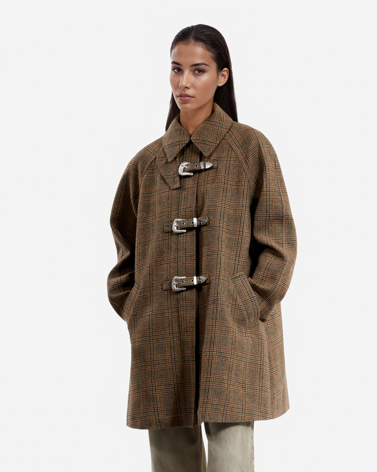 The Kooples WOMEN CHOCOLATE prince of wales brown wool coat