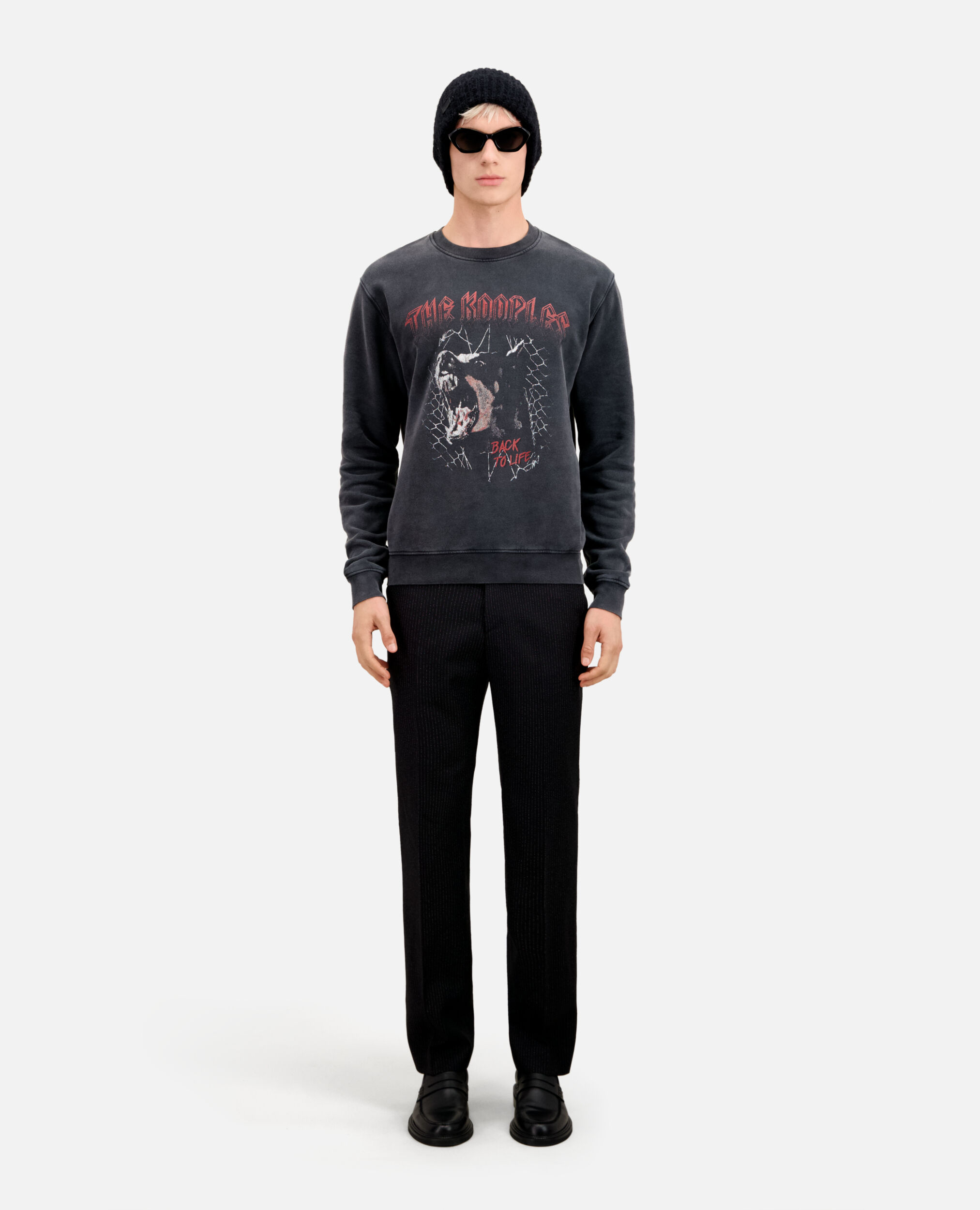 Herren Schwarzes Sweatshirt mit Barking-Dog-Siebdruck, BLACK WASHED, hi-res image number null