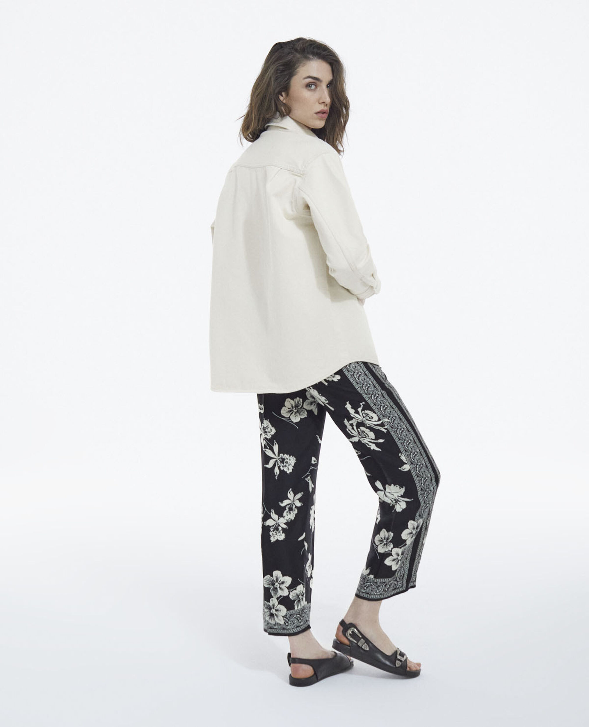 Pantalon noir et blanc motif foulard fluide, BLACK WHITE, hi-res image number null